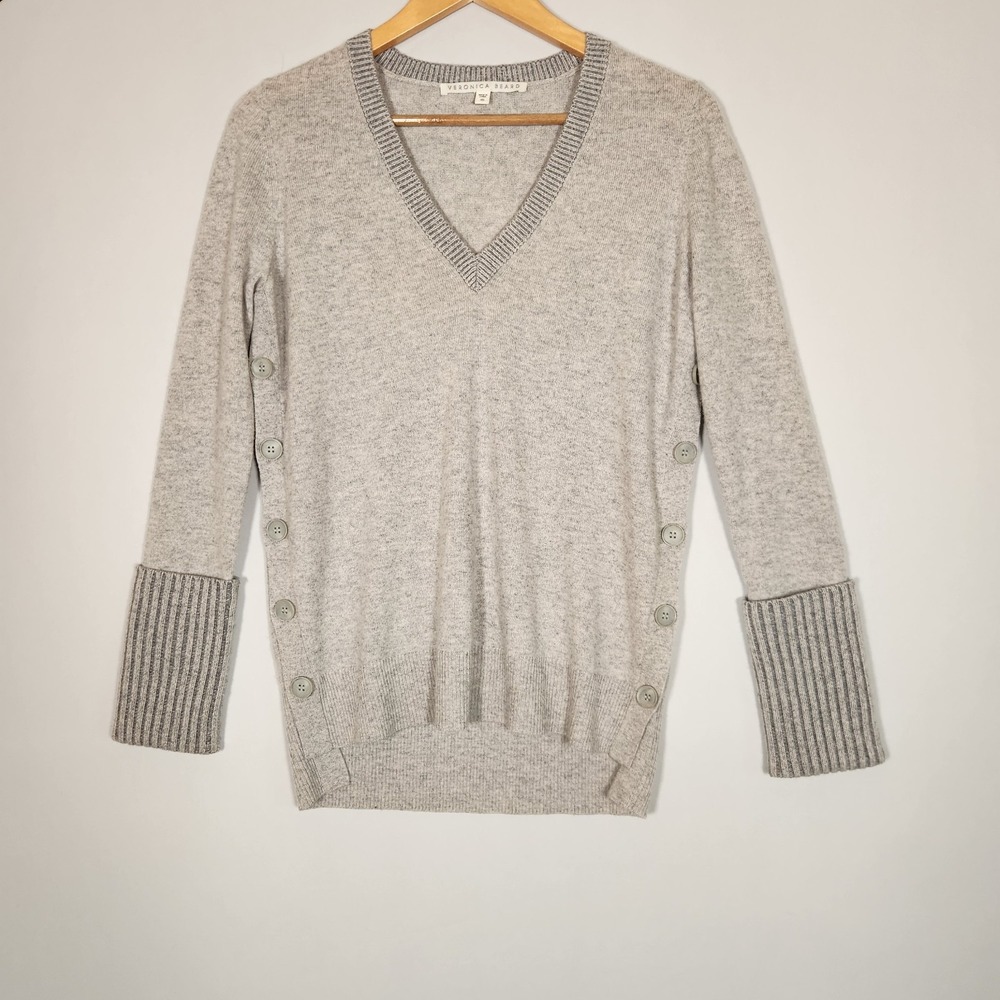 Veronica Beard 100% Cashmere Grey V Neck Ribbed Trim Pullover Sweater XS